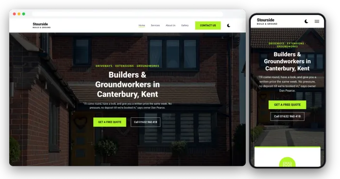 The example website for Stourside Build & Ground, a made-up Kent builder, on a laptop and a phone