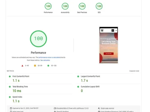 After: Google PageSpeed Insights showing 100 performance score