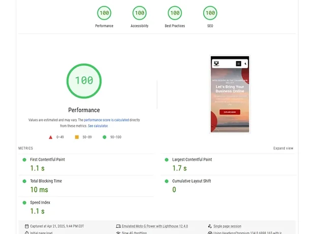 After: Google PageSpeed Insights showing 100 performance score
